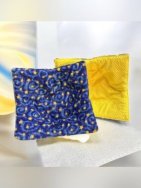 Two Hand Crafted Blue Star & Yellow Dot Reversible Bowl Cozies (v)
